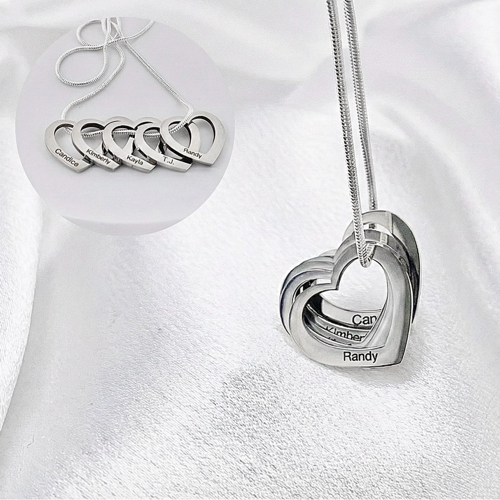 Sterling Silver Necklace with Personalized Children’s Name Heart Charms